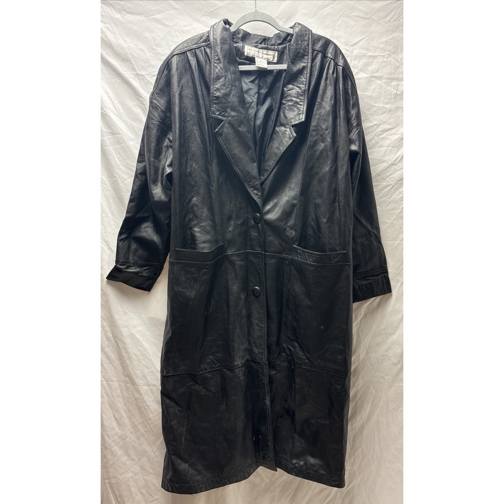 Vintage Maggie Lawrence Black Leather Trench Coat Womens 18/20 Plus Size Long